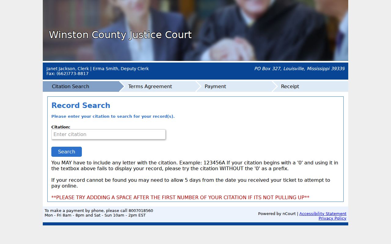 Winston County citation payment interface for traffic court records