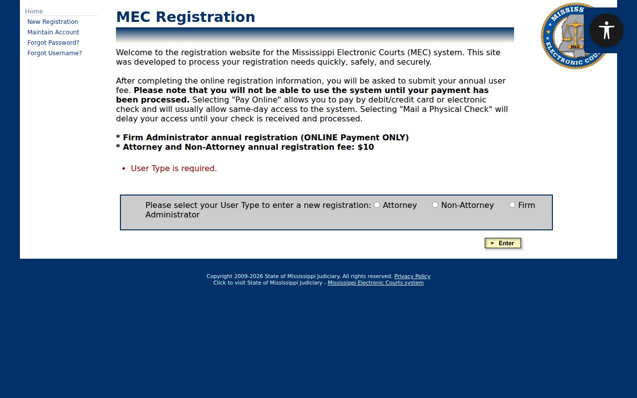 Mississippi Electronic Courts registration page used for Winston County records