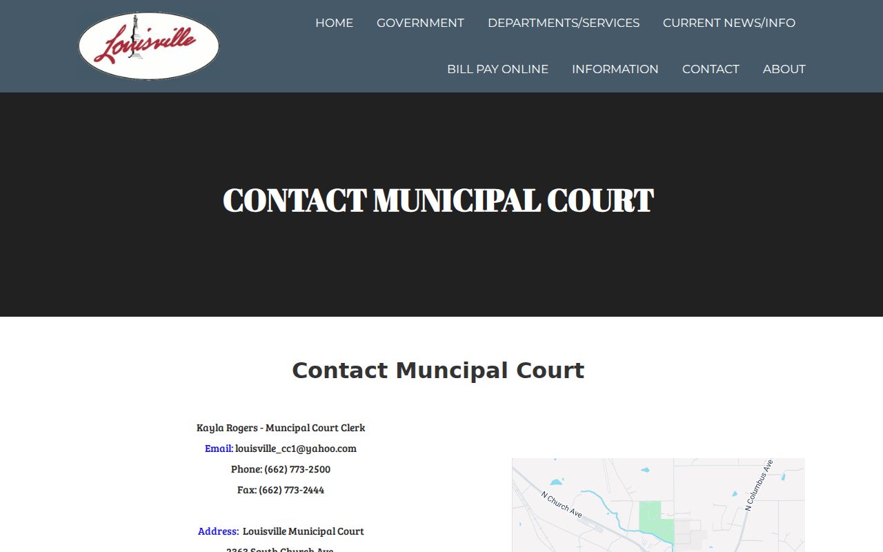 Louisville Municipal Court contact page for Winston County city warrants